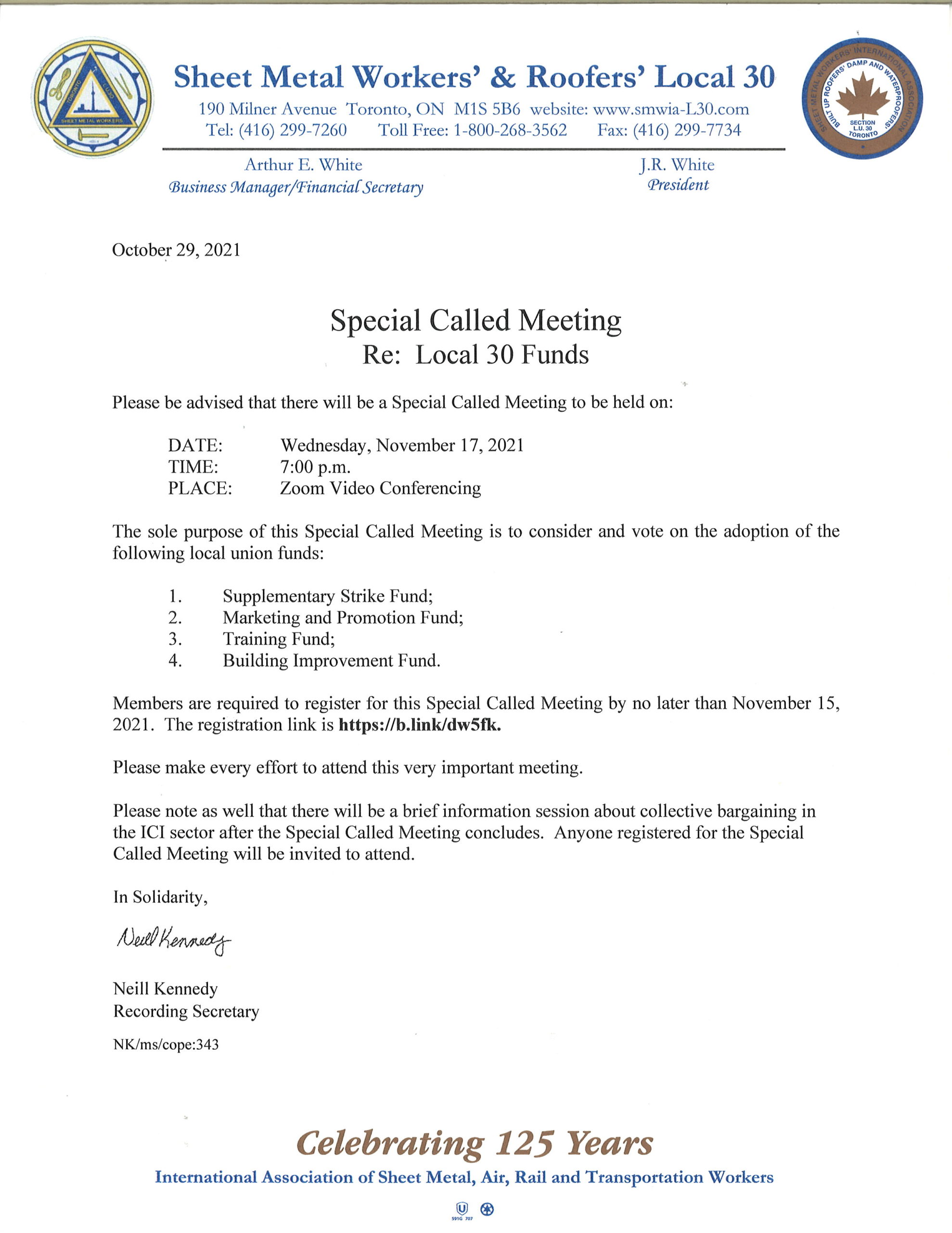 Special called meeting notice November 17, 2021 - Local 30