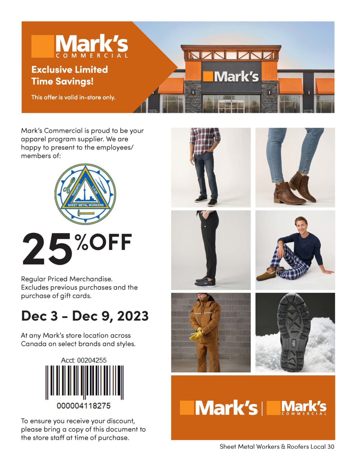 A special offer from Mark's Work Warehouse! Local 30
